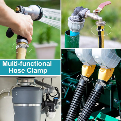 Multi-functional stainless steel hose clamps in use on garden hoses, plumbing, and automotive applications.