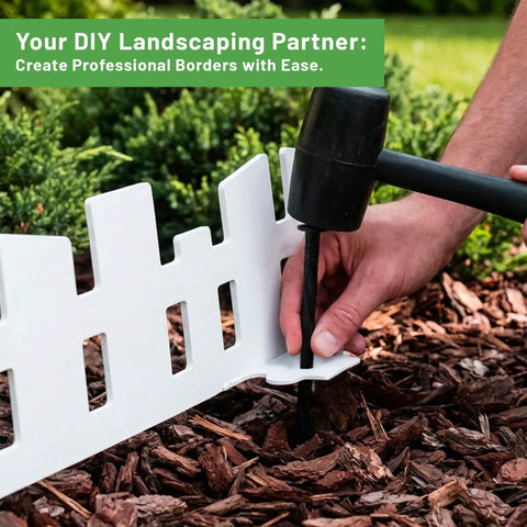 40 Ft Flexible No Dig Garden Edging Border With 60 Stakes White Plastic Lawn Edge being installed with a mallet in garden mulch