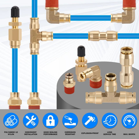 CheeMuii brass DOT air line fittings kit with blue 1/4" and 3/8" tubing, 76 pieces (Amazon)