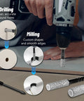 12 Piece Diamond Drill Bit Set With 35mm Extended Diamond Brazed Grinding Surface in use on tile with drill showing precision cut.
