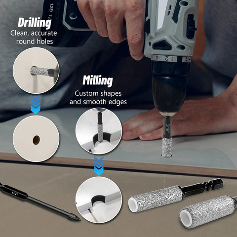 12 Piece Diamond Drill Bit Set With 35mm Extended Diamond Brazed Grinding Surface in use on tile with drill showing precision cut.