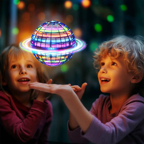 Children playing with Flying Orb Ball With Dazzling Lights And Hover Spinner Boomerang Drone Toy, glowing indoors.