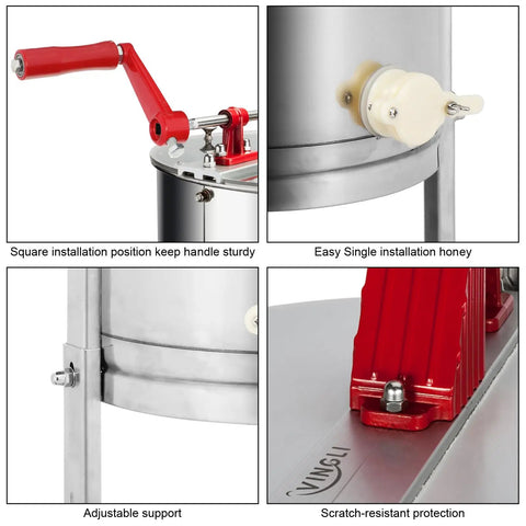 Close-up of 3 Frame Manual Honey Extractor for Beekeeping Pros with hand crank, adjustable stands, and anti-rust features