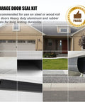 Garage door bottom weather seal kit for 16 ft doors; shows rubber seal and aluminum track in a front collage view