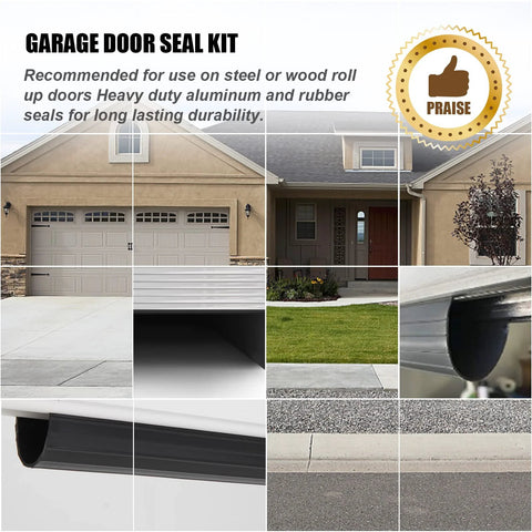 Garage door bottom weather seal kit for 16 ft doors; shows rubber seal and aluminum track in a front collage view