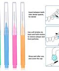 Interdental Brush And Toothpick Kit For Braces 100 Pack in bright colors with usage instruction diagrams for daily oral hygiene.