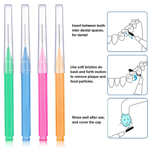 Interdental Brush And Toothpick Kit For Braces 100 Pack in bright colors with usage instruction diagrams for daily oral hygiene.