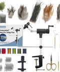 Top Shelf Rotary Fly Tying Vise With True Dual Bearing Spin And Heavy Duty Carbon Steel Jaws Rotates Dead Smooth Every Time So You Whip Up Legit Custom Flies Fast with assorted materials and tools
