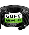 60 Foot Outdoor Extension Cord Black 16 AWG SJTW Heavy Duty 3 Prong Power Cable Waterproof And Cold Resistant Flexible For Indoor Outdoor Use ETL Listed 10A 1250W