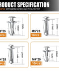 Forty Piece Petal Nut Expansion Screw Set For Hollow Walls And Thin Panels M4 M5 M6 M8 Threaded Inserts Kit Display