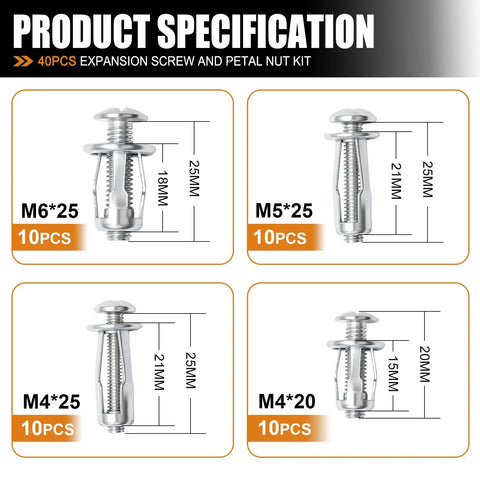 Forty Piece Petal Nut Expansion Screw Set For Hollow Walls And Thin Panels M4 M5 M6 M8 Threaded Inserts Kit Display