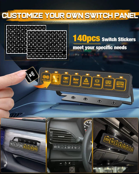 Wireless 8 Gang Switch Panel For Trucks SUVs UTVs And Boats with customizable switch stickers in use