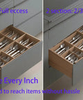Open kitchen drawer organizers with cutlery compartments in a 3-section and 2-section access view with focus on space optimization.