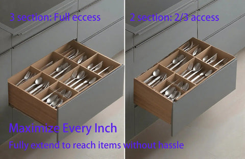 Open kitchen drawer organizers with cutlery compartments in a 3-section and 2-section access view with focus on space optimization.