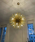 Gold Sputnik Pendant Light Fixture With 9 Lights Dope Modern Farmhouse Chandelier, aluminum hanging in a living room setting