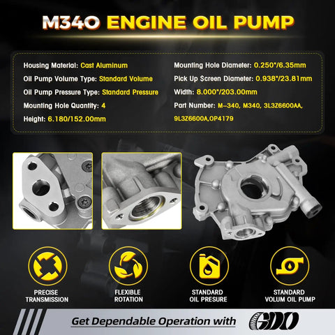 M340 engine oil pump for 5.4L Triton V8, showing specifications and design with precise transmission and flexible rotation features.