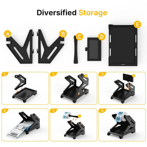 Thermal Label Holder For Rolls And Fan Fold Labels Desktop Label Dispenser For Thermal Printers Office And Home Must Have Wide Compatibility With Roll Labels Up To Four Point Seven Six Inch Wide And Six Inch Outer Diameter Black, black parts laid out