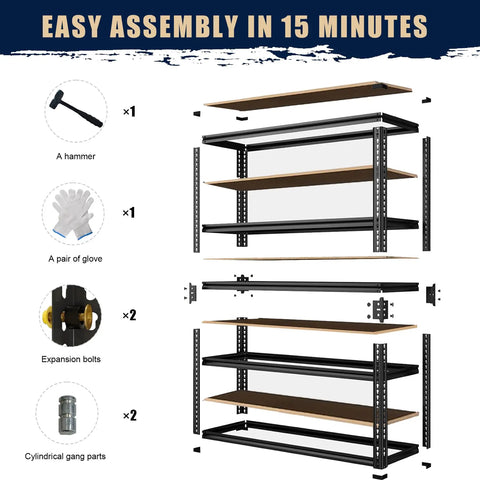 Assembly diagram for adjustable garage storage shelves heavy duty metal shelving unit 72 inches high, with tools and parts.