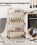 Beige 3 Tier Rolling Cart With Metal On Wheels in kitchen, holding jars and bottles, next to oven and table.
