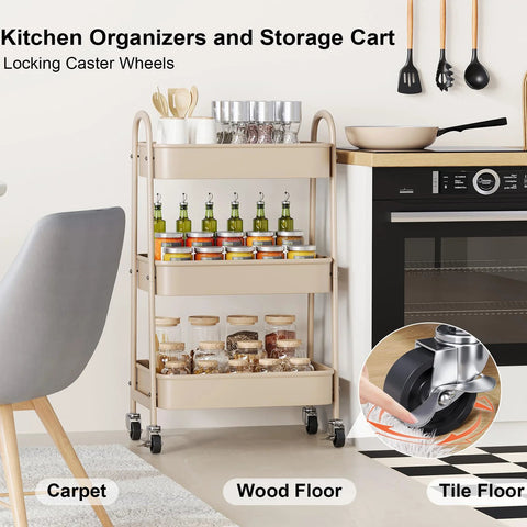 Beige 3 Tier Rolling Cart With Metal On Wheels in kitchen, holding jars and bottles, next to oven and table.