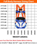 Heavy Duty Full Body Safety Harness For Construction Crews Adjustable Fall Protection Gear sizing chart with measurements.