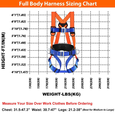 Heavy Duty Full Body Safety Harness For Construction Crews Adjustable Fall Protection Gear sizing chart with measurements.