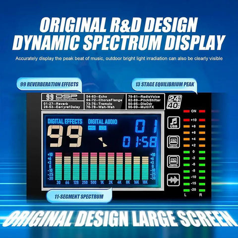 Close-up of large LCD screen on a 12 Channel DJ Mixer displaying 99 reverb effects for live gigs and studio sessions.