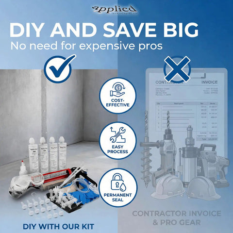 10 Ft Fast Set Concrete Crack Repair Kit With Polyurethane Injection System For Foundation And Basement Walls displayed with tools and invoice overlay.