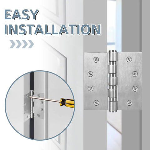 Six Pack Stainless Steel 4 Inch Door Hinges Set With Ball Bearing, Heavy Duty Square Corner Hinge For Exterior And Interior Doors, Satin Nickel Finish, Includes 48 Matching Screws; close-up installation