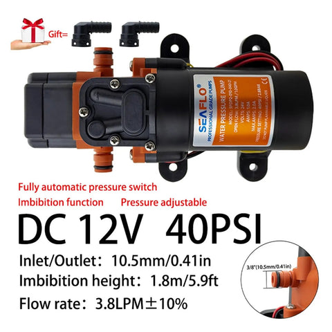 Essential Dc12V Automatic Electric Diaphragm Water Pressure Pump With 40 Psi Max And 3.8Lpm Flow. Features Versatile 3/8 Inch Interface And High Efficiency Design For Reliable Performance In Various Applications, Delivering Consistent Water Pressure