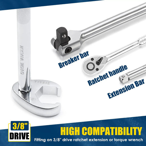 Three Eighths Inch Drive Crowfoot Wrench Set with breaker bar and extension in chrome vanadium steel