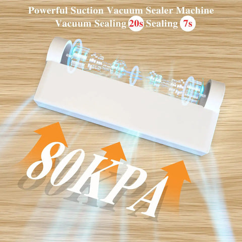 One Touch Fully Automatic Vacuum Sealer For Food Dual Use Dry And Wet With Super Strong Suction And Easy One Button Use Includes 40 Bags A Real Kitchen Must Have For Meal Prep And Long Term Food Storage shown highlighting 80 kPa suction power