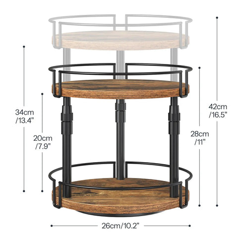 Smooth Spin Two Tier Lazy Susan Spice Rack Organizer With Adjustable Height For Kitchen Counter And Cabinet Storage Rustic Brown Finish dimensions shown.