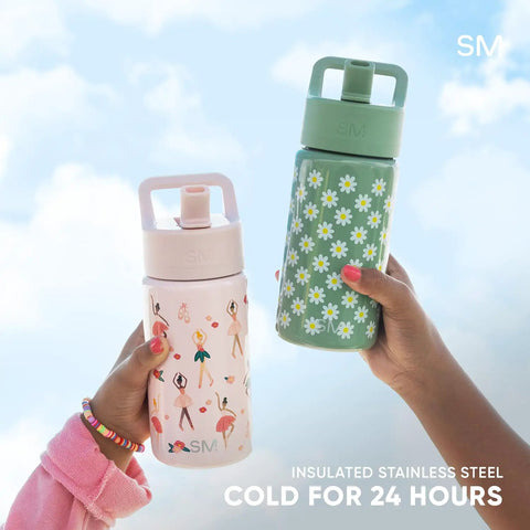 Keep Things Chill In Backpacks With This Kid Approved Confetti Insulated Water Bottle Packed With A Leak Proof Straw Lid And Double Wall Stainless Steel Build For Little Ones 14 Oz. Two colorful insulated bottles for kids held by hands outdoors.