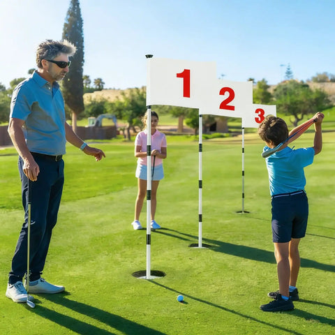 Six Foot Golf Flag Stick Set With Three Complete Flag Cup Kits And Numbered Nylon Flags For Backyard Driving Range Being Used