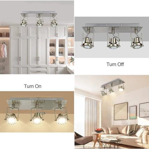 Three Light Ceiling Track Lighting Fixture With Flexible GU10 Heads In Brushed Nickel, shown in various home settings.