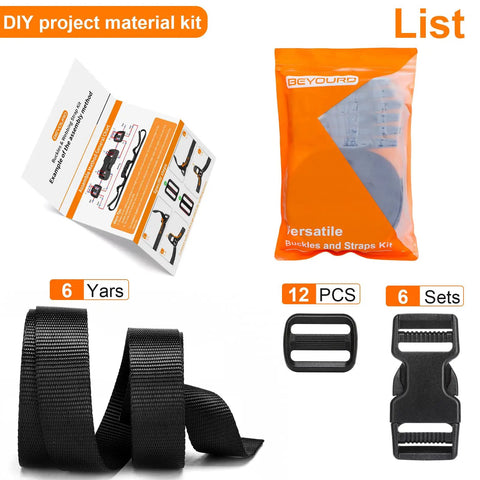 Heavy Duty 1 Inch Nylon Straps Kit With Quick Release Buckles, 6 Yards of Thick Webbing, 12 Clips, 6 Buckles for DIY Projects