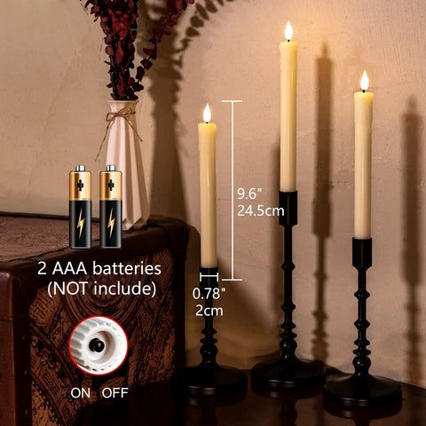 Flameless Taper Candles With Remote And Timer 6 Pack LED Battery Operated Flickering Ivory Candlesticks shown on table with batteries