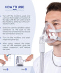 Man using CPAP Tubing That Fits Most Machines 6 Foot Universal Hose With 19mm To 22mm Connectors; instructional guide displayed.
