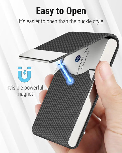 Slim RFID Blocking Card Holder In Black Carbon PU Leather And Stainless Steel With Magnetic Closure shown open