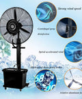 Heavy Duty 380W Misting Oscillating Fan 90 Degree Pivot Spray Cooling System With Atomization Mist Generator, 26-inch fan with aluminum blade.