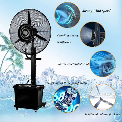 Heavy Duty 380W Misting Oscillating Fan 90 Degree Pivot Spray Cooling System With Atomization Mist Generator, 26-inch fan with aluminum blade.