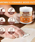White Wood Filler And Putty 16 Oz Repair Kit for effective hole and crack repair, shown in application on wood surface.