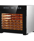 Compact Food Dehydrator Machine With Eight Stainless Steel Trays And Six Hundred Fifty Watt Motor Adjustable Up To One Hundred Sixty Seven Degrees Fahrenheit Plus Forty Eight Hour Timer, showing beef jerky on trays.