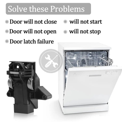 Dishwasher Door Latch Kit Replacement For Frigidaire Electrolux Kenmore Models FDBB4365FB2 FDBB4365F shown with open dishwasher