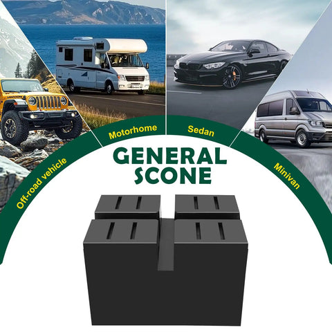 Set Of 4 Pinch Weld Blocks With Solid Rubber Lift Spacers for a variety of vehicles including off-road, motorhome, sedan, and minivan.