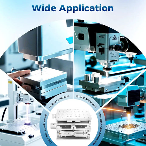 Three Axis Moving Workbench With 3D Positioning Moving Table for laser marking and engraving, multiple uses shown in lab setup.