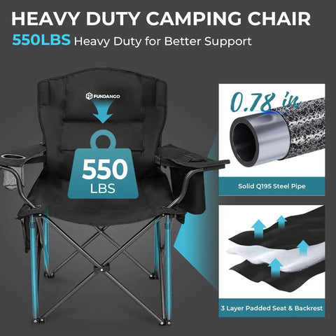 Oversized Camping Chair For Adults With Padded Seat And Back Big And Tall Folks Heavy Duty Portable Foldable Lawn Chair With Lumbar Support