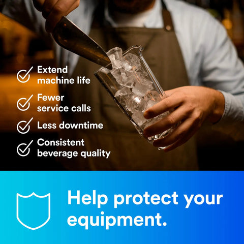 Person pouring ice into a glass beaker, showcasing benefits for equipment longevity and beverage consistency.