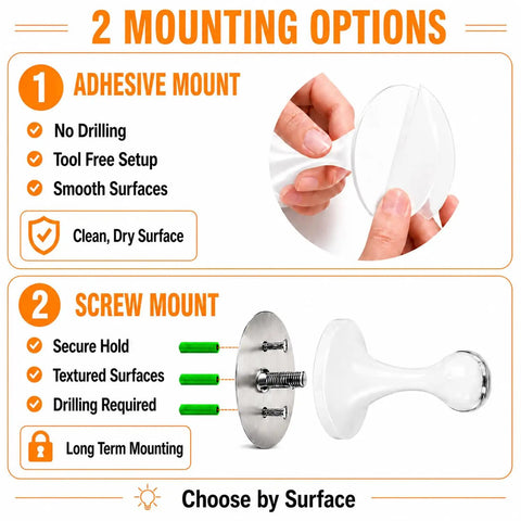 White Magnetic Door Stopper No Drill Wall Or Floor Mount With Slick 3D Adhesive Backing And Solid Steel Hardware installation options graphic.